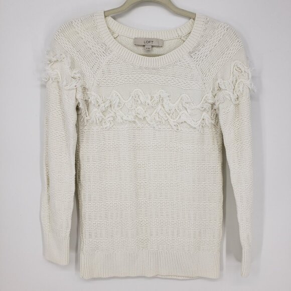3/$25 LOFT Fringe Trim Pullover Sweater XS Womens Boho Cream - Picture 1 of 9